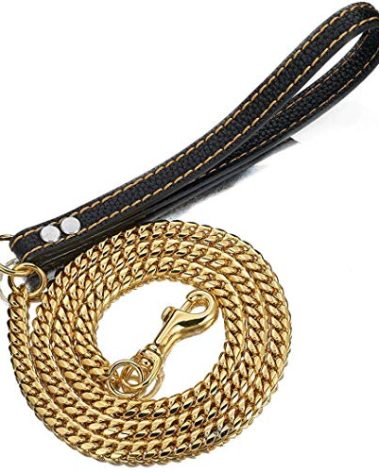 Aiyidi Strong Dog Chain Gold Leash Long 3FT 4FT 5FT 18K Stainless Steel 12mm Curb Cuban Link Dog Leash with Comfortable Genuine Leather Handle(Gold, 3FT)