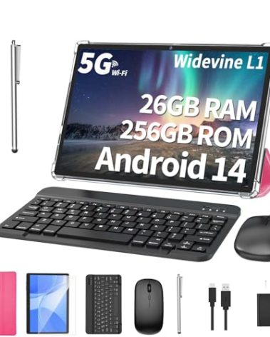 Android Tablet with Keyboard, 26GB RAM, 256GB ROM(1TB Expand), 10.1 inch Android 14 Tablet, 8000mAh Battery, BT 5.0, GMS Certified, 2.4G&5G WiFi, 2 in 1 Tablets with Mouse, Case, Stylus(Pink Case)
