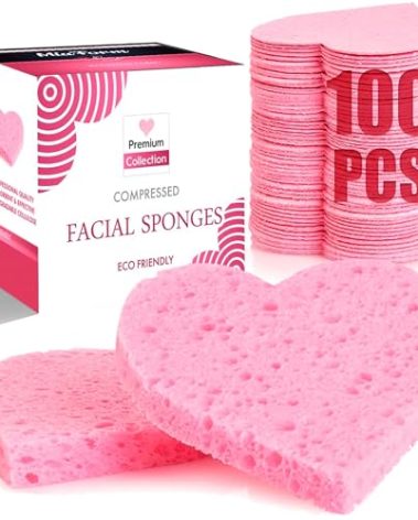 miaform 100-Count Compressed Facial Sponges, 100% Natural Cosmetic Spa Sponges for Facial Cleansing, Exfoliating Mask (Pink Heart)
