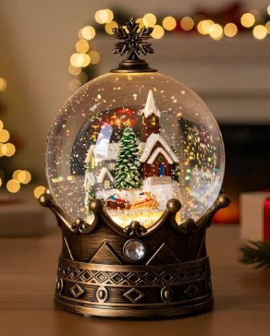 Christmas Snow Globe Lantern Water Glittering Village & Santa Crown with Music, USB Lined/Battery Operated Lighted Lantern for Christmas Festival Decoration Gifts