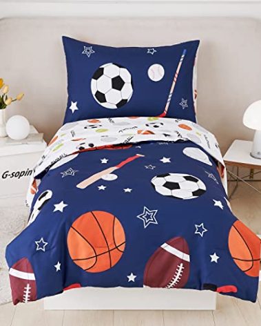URBONUR 4-Piece Toddler Bedding Set - Ultra Soft Sports Series Baseball Football Basketball Boys Toddler Comforter Set Navy - Include Comforter, Flat Sheet, Fitted Sheet and Reversible Pillowcase
