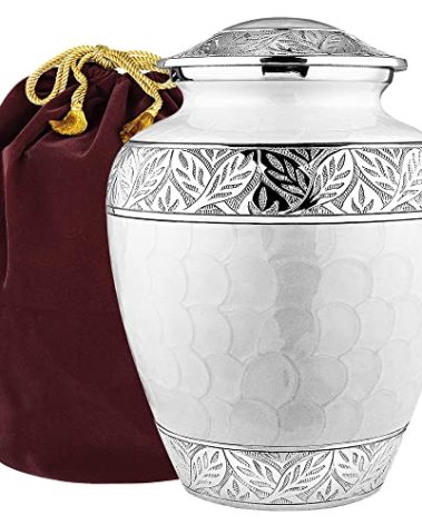 Trupoint Memorials Cremation Urn for Ashes for Women Female, Urns for Human Ashes Male, Engraved Mother of Pearl Funeral Urn for Adult Man, Silver Lining Large White