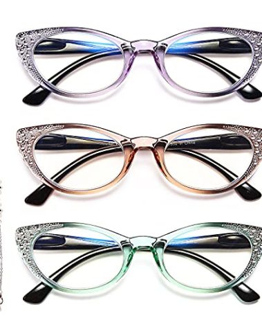 EYEURL Cat Eye Reading Glasses for Women - Blue Light Blocking 3 Pack Ladies Fashion Readers with Flexible Spring Hinges, Anti-Glare&UV Rays +1.50 Eyeglasses, Brown/Green/Purple