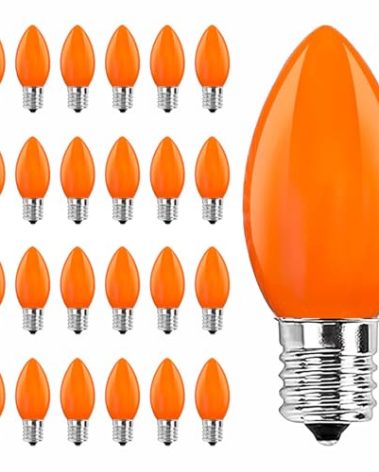 25 Pack C9 Orange Halloween Replacement Bulbs, LED Orange Night Lights for Halloween Christmas Outdoor Indoor Patio String Lights, C9/E17 Candelabra Base, 0.6 Watt