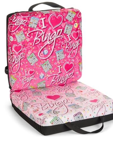 I Love Bingo Pink/Black Pattern Seat Cushion – Extra Thick 3” Cushion with Strap, Storage Pouch & Handles – Comfortable Folding Chair Cushion for Bingo Nights