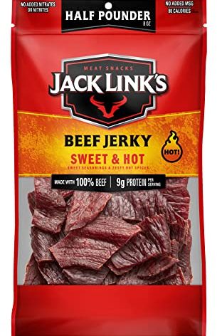 Jack Link's Beef Jerky, Sweet & Hot, Half Pounder Large Jerky Bag - Flavorful Meat Snack, Ready to Eat Protein Snacks with 9g of Protein per Serving, Made with 100% Beef