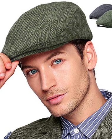 LADYBRO 2Pack Herringbone Tweed Newsboy Hats for Men Flat Cap (Black+Green, L/XL, 7 5/8)