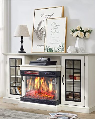AMERLIFE 3-Sided Glass Fireplace TV Stand for TVs up to 65'' with 12 Color, Media Entertainment Center Console Table with Doors Closed Storage, Distressed White