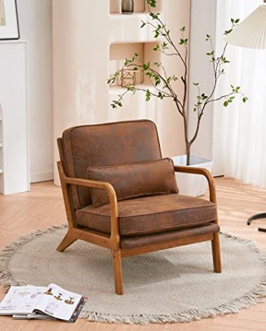 Karl home Accent Chair Mid-Century Modern Chair with Pillow Bronzing Cloth Upholstered Lounge Arm Chair with Solid Wood Frame & Soft Cushion for Living Room, Bedroom, Balcony, Brown