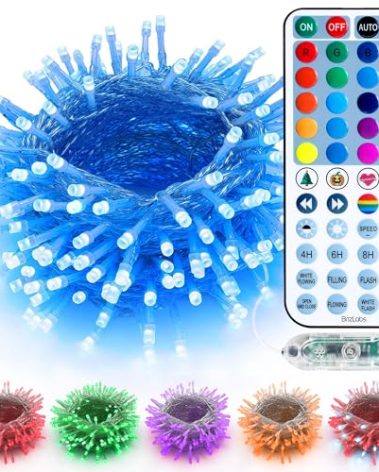 BrizLabs RGB String Lights, Color Changing Orange Purple Halloween Lights, 100 LED 33ft USB Christmas Light Dimmable with Remote, Mini Christmas Light String Clear Wire for Halloween Xmas Thanksgiving