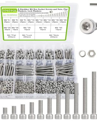 K Kwokker 1040PCS M4 Nuts and Bolts Assortment Kit 4mm-45mm, 304 Stainless Steel M4 Screw Assortment, Hex Socket Head Cap Machine Screws Bolts and Nuts Kit Silver 4/6/8/10/12/14/16/20/25/30/35/40/45mm