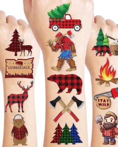 96PCS Lumberjack Temporary Tattoos Themed Woodland Camping Hunting Birthday Party Favors Decorations Supplies Buffalo Plaid Bears Stickers Gifts For Boys Girls Kids School Prizes Carnival Christmas