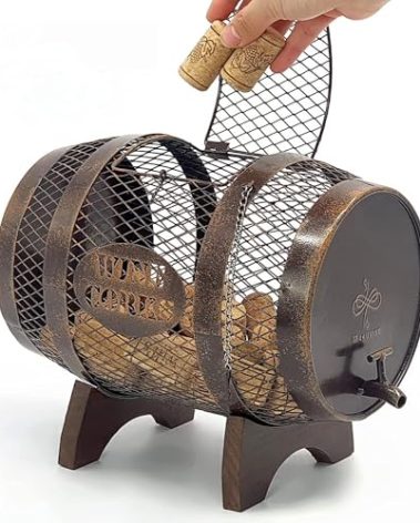 Makuvine Rustic Metal Large Barrel Wine Cork Holder Display On Wooden Stand, Container for Display, Home Decor, Housewarming Gifts, Home Bar Decor, Wine Gifts, Engagement Gifts, Kitchen Decor