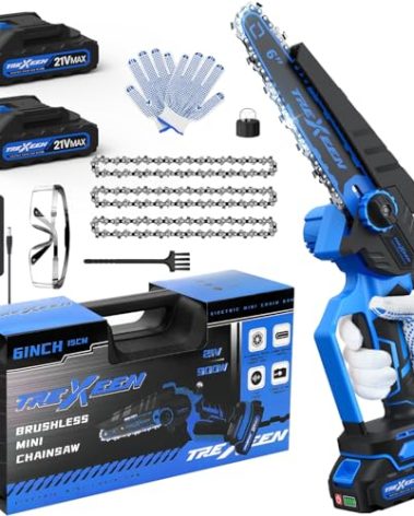 Mini Chainsaw, 6-Inch Electric Chainsaw Cordless, Upgraded 900W Brushless Portable Handheld Small Chain Saw with Auto Chain Regulator & Auto Oiler for Wood Cutting/TreeTrimming/Courtyard (Blue)