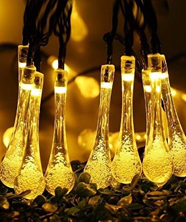 EONSMN Solar Droplet String Lights, 30 LED Raindrop Crystal Fairy Lights 2 Working Mode for Outdoor Garden Wedding Holiday Decoration (Warm White)