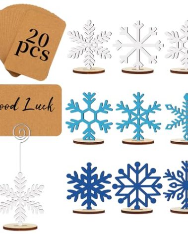 Funnymoom 20 Pcs Christmas Wood Place Card Holders Stand Display and 20 Kraft Place Cards Santa Snowman Elk Number Name Photo Picture Clip Holder for Xmas Party Table Decoration (Blue White Snowflake)