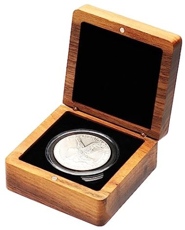 COSISO Single Walnut Wood Challenge Coin Presentation Display Box Storage Case Square 8cm and Plastic Coin Capsules with Adjustable Gasket