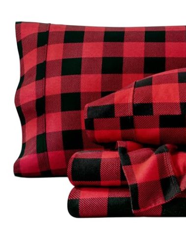 Bare Home Flannel Sheet Set Prints, 100% Cotton, Velvety Soft Heavyweight - Double Brushed Flannel for Extra Softness & Comfort - Deep Pocket - Bed Sheets (King, Buffalo Plaid - Red/Black)