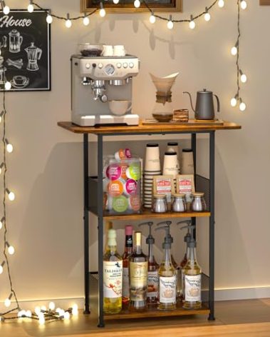 Jsskeeim Mini Floor Standing Coffee Bar Shelf,3-Tier Small Coffee Table,Corner Farmhouse Coffee Bar Cabinet;Dining Room, Living Room-Capsules,Coffee Maker(Brown+Black)