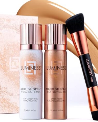 LUMINESS Airbrush Spray Silk Foundation Starter Kit - Medium - Foundation, Primer & Dual-Sided Angled Buffing Brush - Medium, Buildable Coverage, Anti-Aging Formula Hydrates & Moisturizes