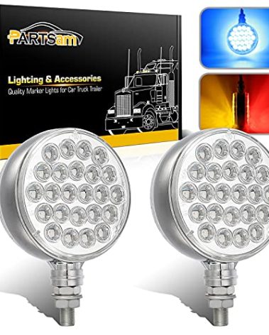Partsam 2Pcs Round Double Face Led Turn Signal Marker Lights and Blue Auxiliary Lights LED Pedestal Lights Post Mount 48 LED for Truck Trailer Mirror Arm Clamp Clearance, 10-30V