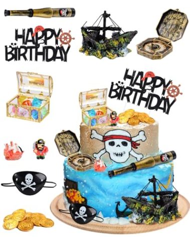 Glavatrix 28 Pieces Pirate Ship Cake Topper Pirate Birthday Party Decorations Pirate Party Favors Gold Coins Pirate Gems Treasure Chest Compass Telescope for Pirate Theme Party Supplies