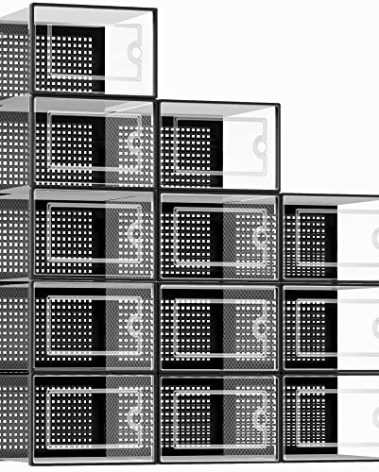 Kuject X-Large Shoe Storage Boxes Organizers Clear Plastic Stackable 12 Pack, Shoe Rack & Holder Substitute, Sneaker Containers, Toy Storage Organizer Bins for Entryway, Closet, Under Bed, Black