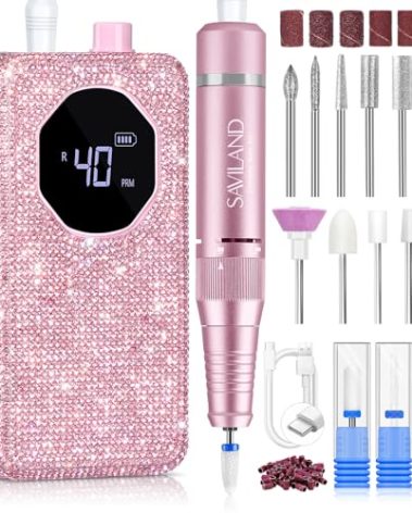SAVILAND Professional Nail Drill 40000 RPM: Portable Diamond Nail Drill Kit Rechargeable 4000 mAh Electric Nail File for Thick Acrylic Nails with Ceramic Nail D rill Bits Sanding Bands Nail Tech Salon