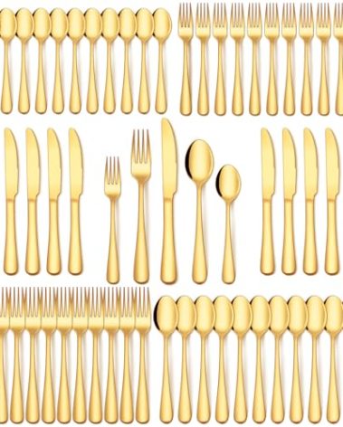 EUIRIO 60Pcs Gold Silverware Set, Stainless Steel Flatware Cutlery Set Service for 12, Mirror Polished Gold Utensils Set Include Forks Spoons Knives for Home, Wedding, Restaurant, Dishwasher Safe