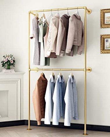 IronJiaZu Gold Clothing Racks Wall Mount Clothes Rack, Heavy Duty Industrial Pipe Clothing Rack Retail Display Hanging Rod for Closet Storage, Laundry Room(Gold)