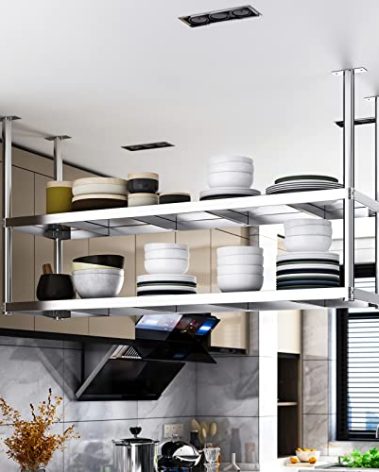 DSVONAUS Ceiling Shelf, Floating Shelves Kitchen Storage Wine Rack, Industrial Ceiling Mount Shelf 2 Layer, Wine Bottle, Wine Glass, Dish Storage Rack, for Restaurant, Bar, Kitchen 31.5×13.8×31.5in