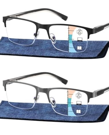 Bifocal Reading Glasses for Men, No Line Bifocals Progressive MultiFocus Readers, Wide Clear Top Transition Non Prescription Multifocal Eyeglasses,Large Anti Blue Light Multi focals Half Frame +1.5