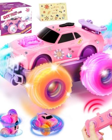 Drefirsa Princess Remote Control Car for Girl, Pink Monster Truck with DIY Sticker, Headlight, Colorful Wheel Light, Rotation, Spin and Spray, Toy Cars for Girl Age 4-6 6-8 8-12 Birthday Gift