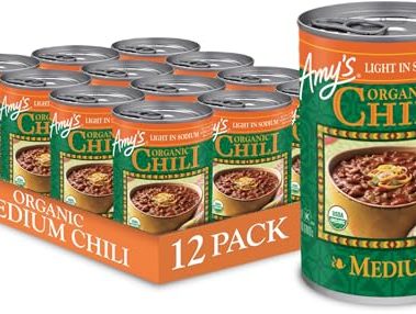 Amy's Organic Chili, Vegan Medium Chili, Light in Sodium, Gluten Free, Made With Organic Red Beans and Tofu, 14.7 Oz (12 Pack)
