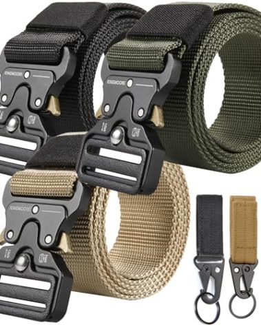 KingMoore 3 Pack Tactical Belt for EDC Battle Military Utility Combat Gear, Heavy-Duty Quick-Release Metal Buckle with Extra Molle Key Ring Holder (3 Pack(Black+Khaki+Army green), Waist:36"-41")