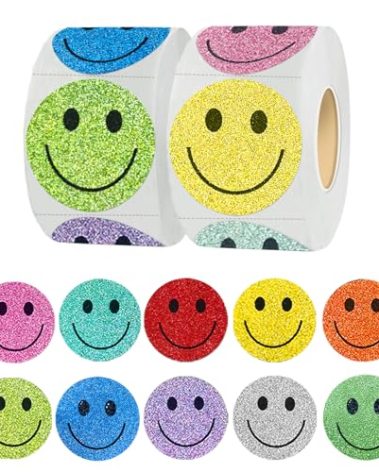 Yeachlaing 1.5 Inch Shiny Happy Face Stickers Circle Dots Labels Reward Stickers Teachers Sticker (1000PCS,Multicolored)
