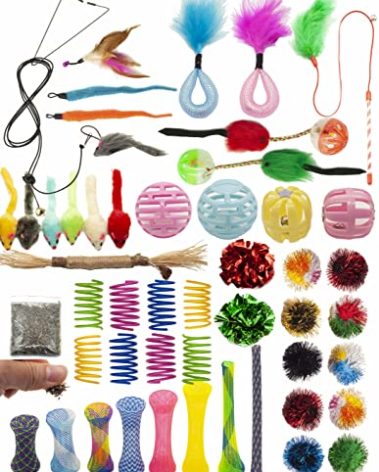Fashion's Talk Cat Toys Variety Pack for Indoor Cats,Interactive Door Hanging Mice Feather Toy Cat Spring Toy Cat Wand Catnip Crinkle Balls Silvervine Sticks Balls Kitten Toys Bulk