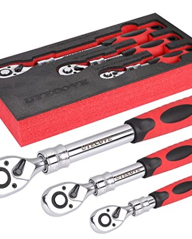 UYECOVE 3-Piece Extendable Ratchet Set, 1/4 3/8 1/2 Inch Extendable Socket Wrench, Ratchet Wrenches Set 72-Tooth Quick-Release, Soft Grip Handle with Storage Tray