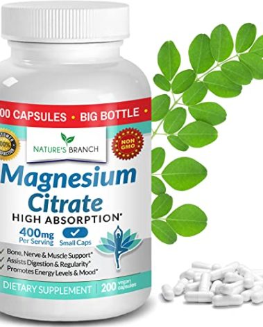 Magnesium Citrate 400mg - 200 Capsules - High Potency for Sleep, Leg Cramps, Extra Strength Absorption, Easy to Swallow Pills for Women & Men, Vegan Supplement Not Tablets - Made in USA