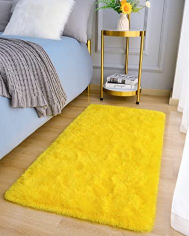 Amearea Shag Fluffy Small Rug, 2x4 Feet Throw Rugs for Bedroom Girls Living Room, Extra Soft and Fuzzy Shaggy Carpet, Non Slip, Solid Color Nursery Home Floor Decor Carpets, Yellow