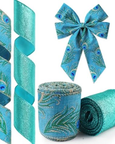 Glodecart 2 Rolls Peacock Ribbon for Wreath Bows Wrapping Gifts, Glitter Blue Green Peacock Ribbon for Gift Wrapping Party Supplies Decoration DIY Crafts 2.5" X 10 Yard, Wired Christmas Wreaths Ribbon