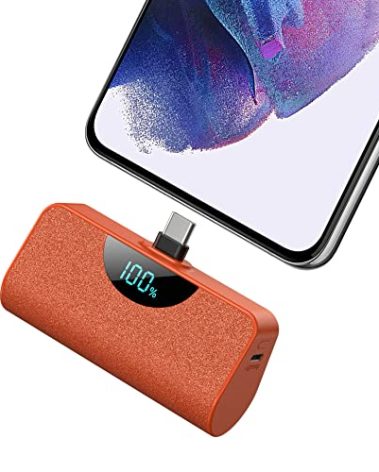 Mini Portable Charger USB-C Power Bank 5200mAh,Ultra Compact LCD Display Battery Pack Backup Charger Compatible with iPhone 17/17 Air/17 Pro/17 Pro Max/16/16 Plus/16 Pro Max/15 Series,Samsung- Orange