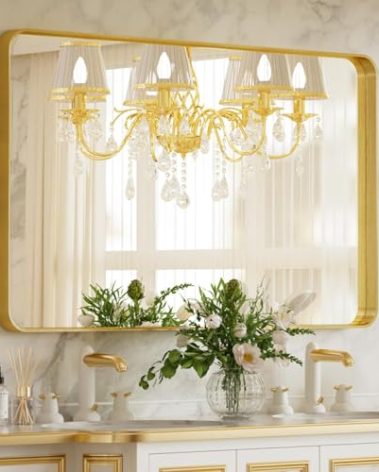 VooBang Bathroom Mirror 24x32 inch, Gold Gorgeous Deep Frame Wall Mirror, Modern Round Corner Bathroom Vanity Mirror for Bedroom, Living Room, Hanging or Leaning Horizontal or Vertical, Gold