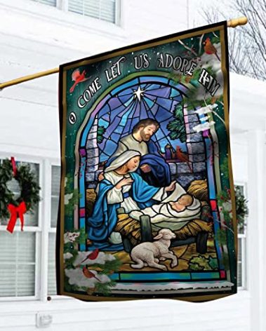 MESMCCONELL Holy Family O Come Let Us Adore Him Winter Garden Flag House Flag, Nativity Religious Christmas Banners For Outside, Merry Flags Outdoors 28 x 40 Double Sided, Xmas