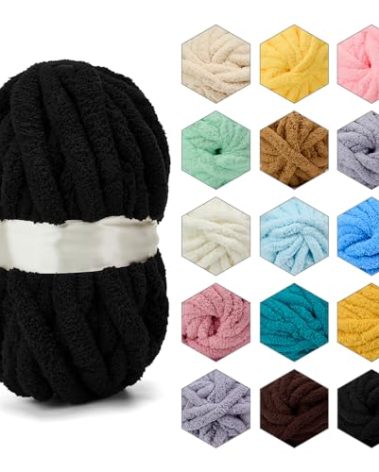 ERLYEEN Chenille Chunky Yarn Super Bulky Soft Thick Fluffy Jumbo Giant Washable Polyester Big Yarn DIY for Arm Knit Blanket Cushion Bed Sofa Home Decor,Black,4.4LB