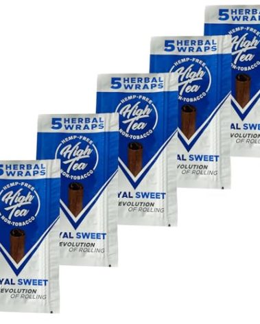 High Tea Non Tobacco All Natural Herbal Smoking Wraps - Royal Sweet - 25 Self Rolling Wraps, Made from Tea Leaves, 5 Count (Pack of 5)