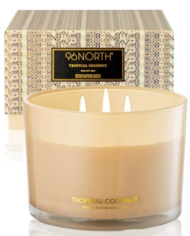 96NORTH Luxury Coconut Soy Candle | Large 3 Wick Jar Candle | Up to 50 Hours Burning Time | Tropical Beach Scented Candles for Home | 100% Natural Soy Wax | Housewarming Gift for Women and Men