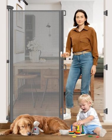 65” Extra Tall Pet Gate Indoor Gate 55” Wide Baby Gate Retractable Dog Gate Outdoor Gates for Decks Retractable Baby Gates for Doorways Tall Dog Gate for Front Door Mesh Gates for Kids or Pets, Gray