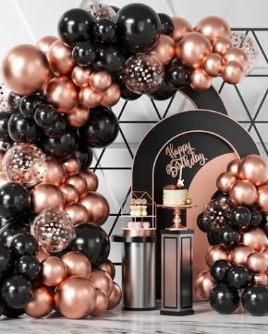 Bezente Rose Gold Black Balloons Garland Kit, 100Pcs Metallic Chrome Rose Gold Black and Rose Gold Confetti Balloons Arch for Wedding, Birthday, Graduation, Baby Shower Party Decoration