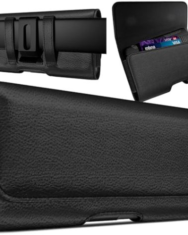 PiTau Holster for iPhone 16, 16pro, 15, 15Pro, 14, 14Pro, 13, 13Pro, 12, 12 Pro, Xs, X, 11, XR Cell Phone Belt Holder Case with Clip ID Card Slot Pouch Cover (Fits iPhone with Case On) Medium Black